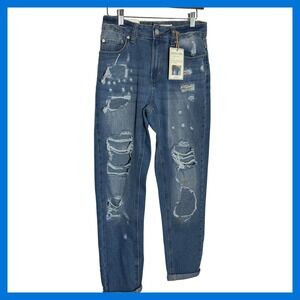 Indigo Rein Mom Fit Distressed Jeans Medium Wash Size 5 W26 L27 High Rise Denim